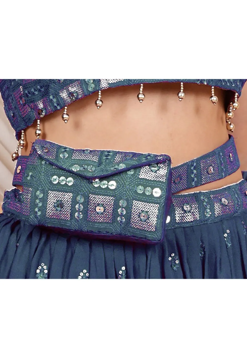 Embroidered Geogrette Waist Bag with Belt in Teal Blue