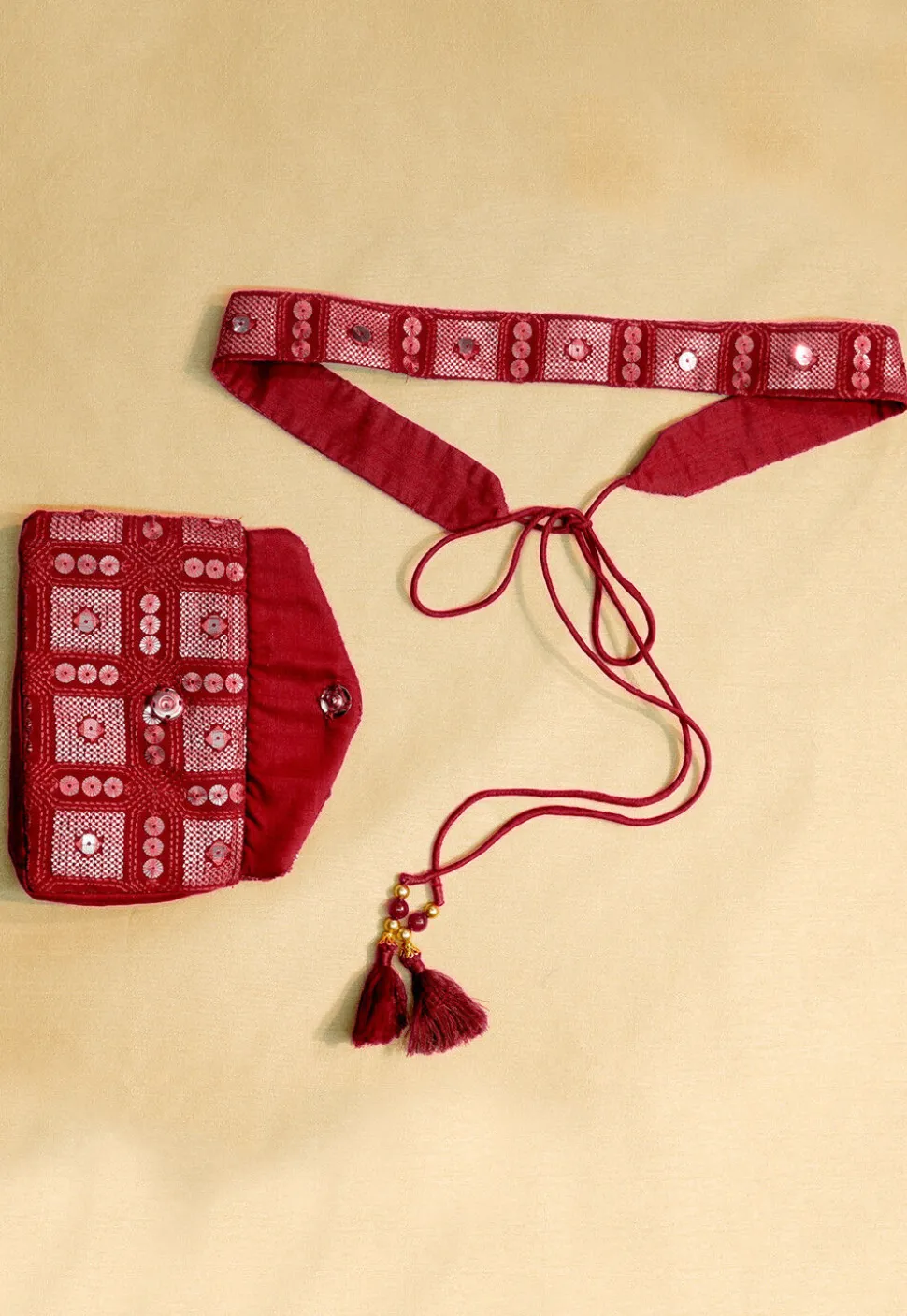 Embroidered Geogrette Waist Bag with Belt in Maroon