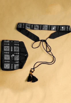 Embroidered Geogrette Waist Bag with Belt in Black