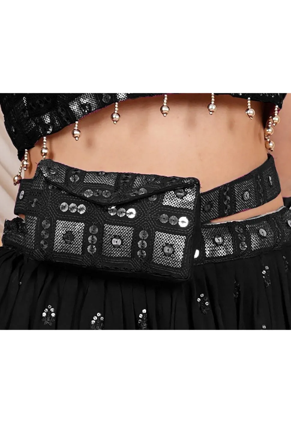Embroidered Geogrette Waist Bag with Belt in Black
