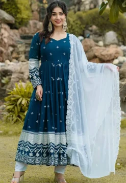 Embroidered Georgette A Line Suit in Teal Blue
