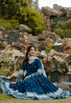 Embroidered Georgette A Line Suit in Teal Blue
