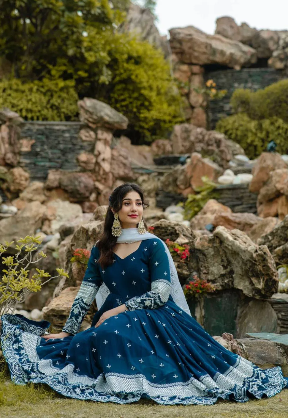 Embroidered Georgette A Line Suit in Teal Blue