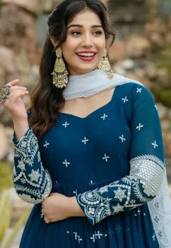 Embroidered Georgette A Line Suit in Teal Blue