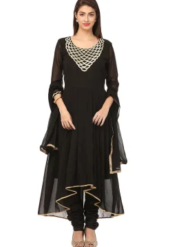 Embroidered Georgette A Line Suit in Black