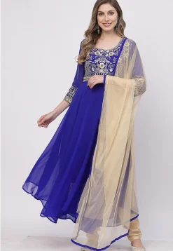Embroidered Georgette A Line Suit in Royal Blue