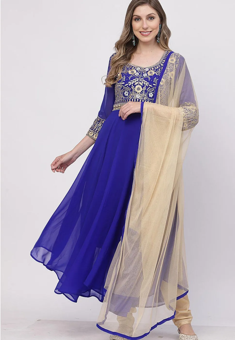 Embroidered Georgette A Line Suit in Royal Blue