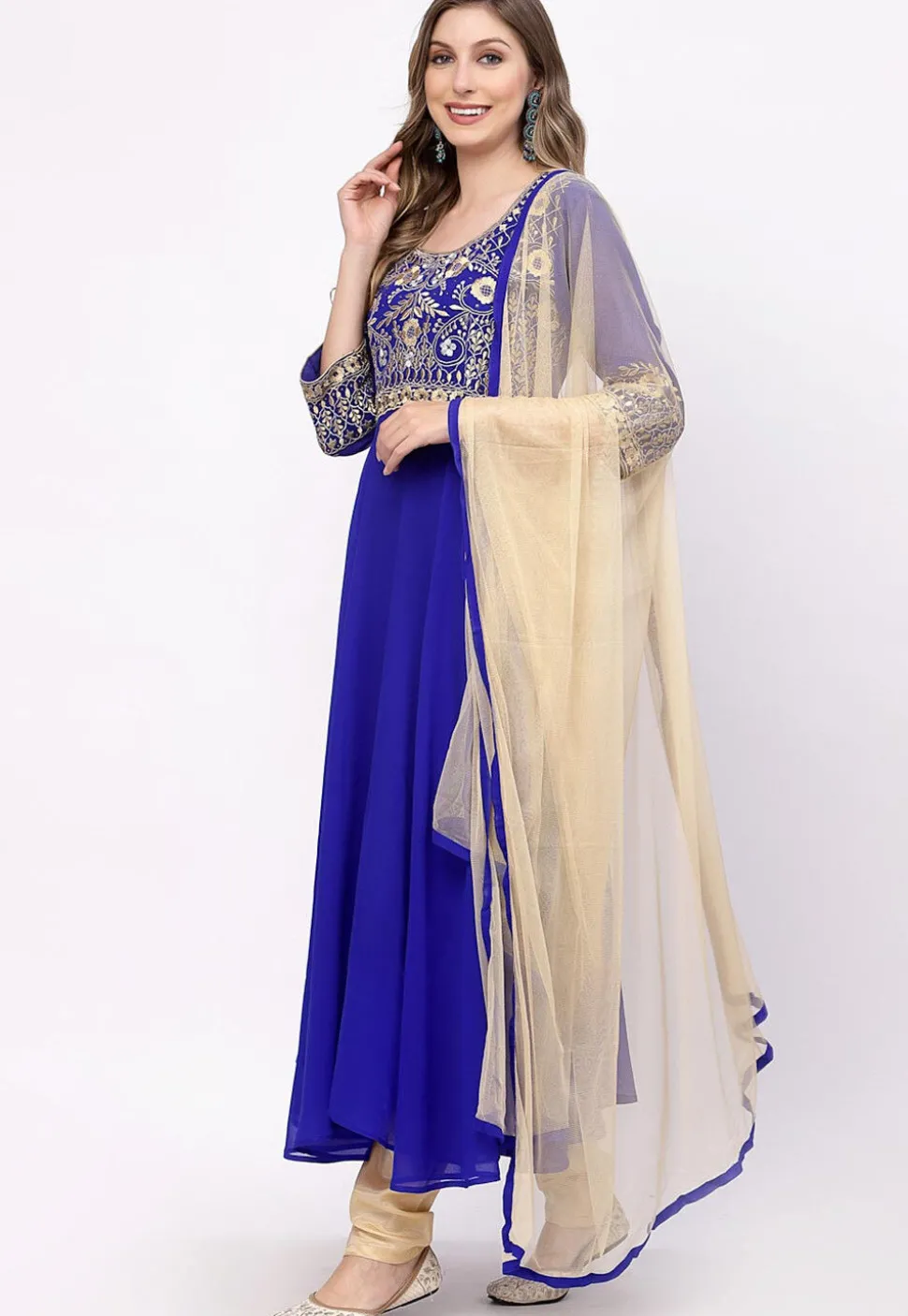 Embroidered Georgette A Line Suit in Royal Blue