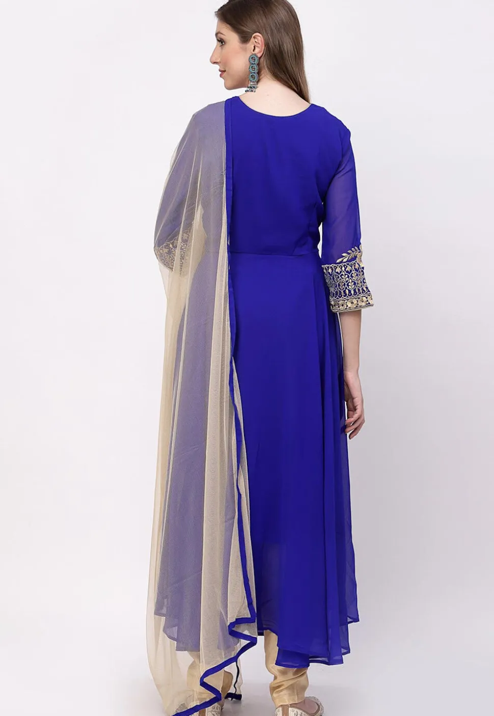 Embroidered Georgette A Line Suit in Royal Blue
