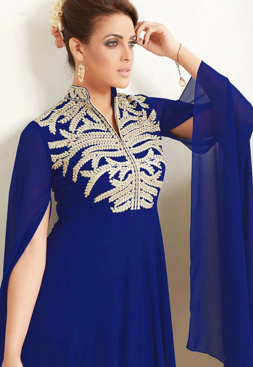 Embroidered Georgette A Line Kurta Set in Royal Blue