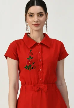Embroidered Georgette A Line Dress in Red