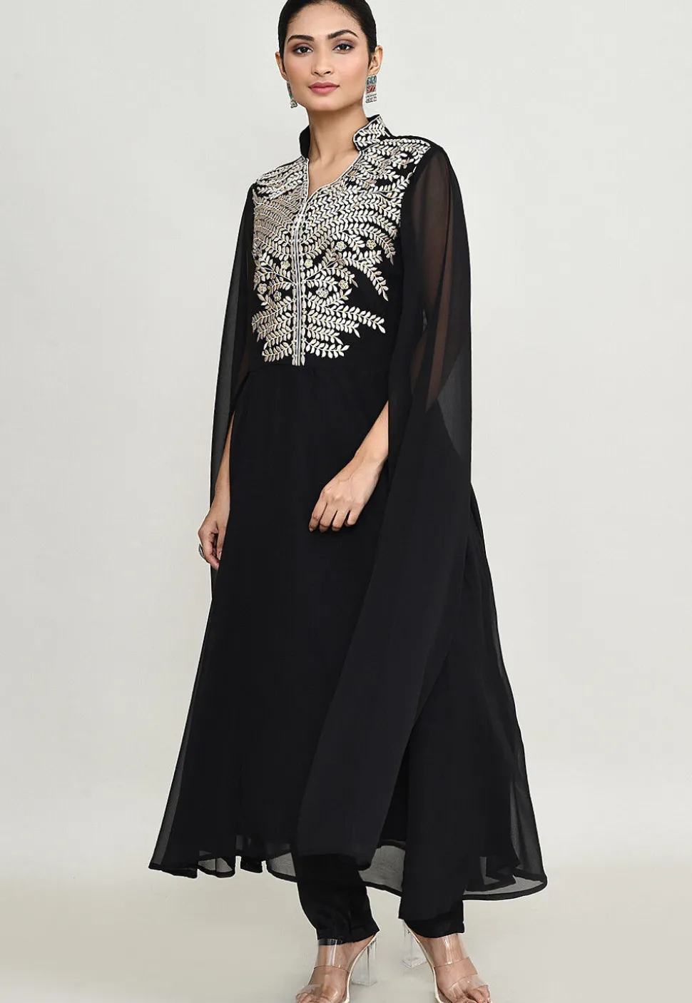 Embroidered Georgette A Line Kurta in Black