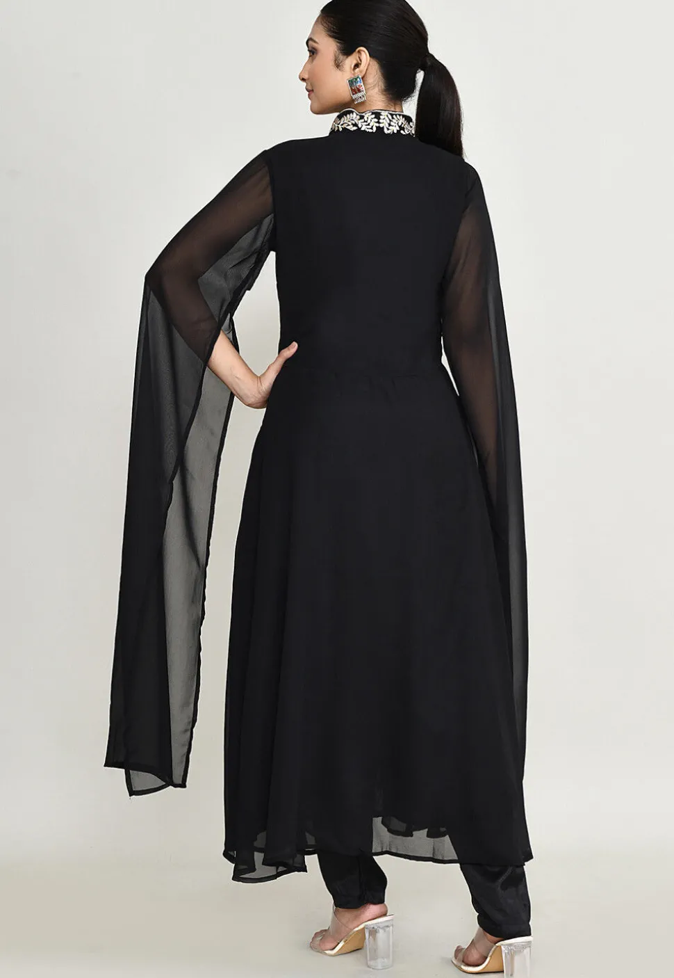 Embroidered Georgette A Line Kurta in Black