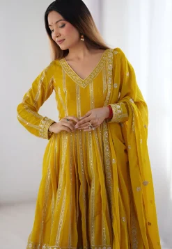 Embroidered Georgette A Line Suit in Yellow