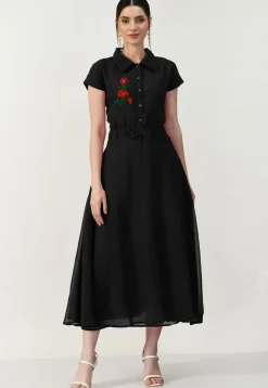 Embroidered Georgette A Line Dress in Black