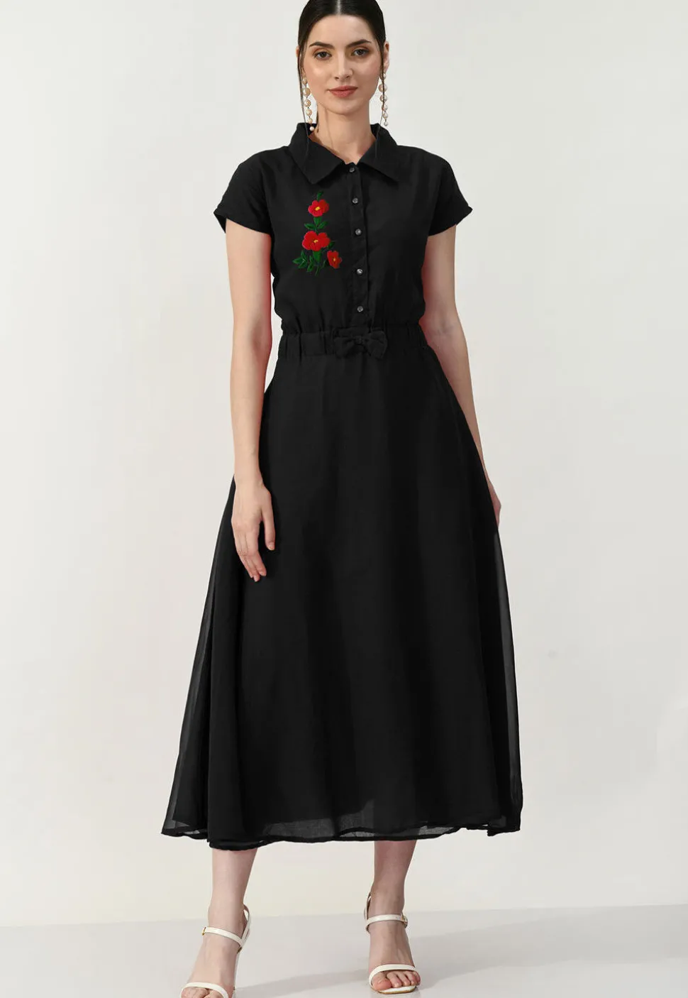 Embroidered Georgette A Line Dress in Black