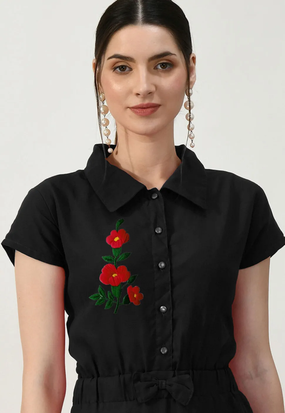 Embroidered Georgette A Line Dress in Black