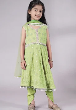 Embroidered Georgette A Line Suit in Light Green