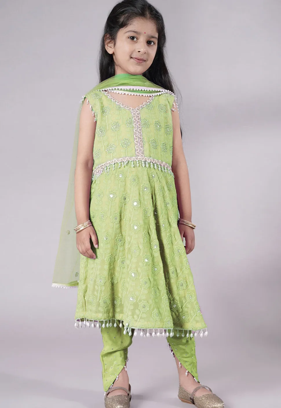 Embroidered Georgette A Line Suit in Light Green
