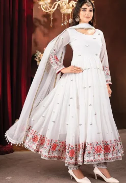 Embroidered Georgette A Line Suit in Off White
