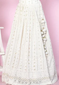 Embroidered Georgette A Line Skirt in Off White