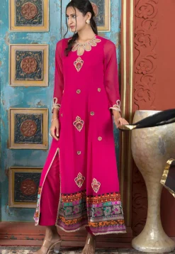 Embroidered Georgette A Line Suit in Fuchsia