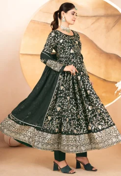 Embroidered Georgette A Line Suit in Dark Green