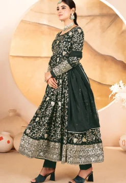 Embroidered Georgette A Line Suit in Dark Green