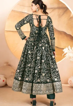 Embroidered Georgette A Line Suit in Dark Green