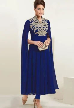 Embroidered Georgette A Line Kurta in Royal Blue
