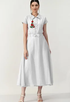 Embroidered Georgette A Line Dress in Off White