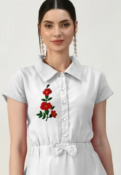 Embroidered Georgette A Line Dress in Off White