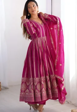 Embroidered Georgette A Line Suit in Fuchsia