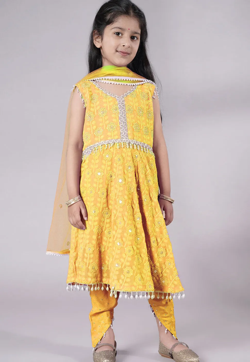 Embroidered Georgette A Line Suit in Yellow