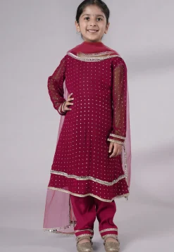 Embroidered Georgette A Line Suit in Dark Magenta
