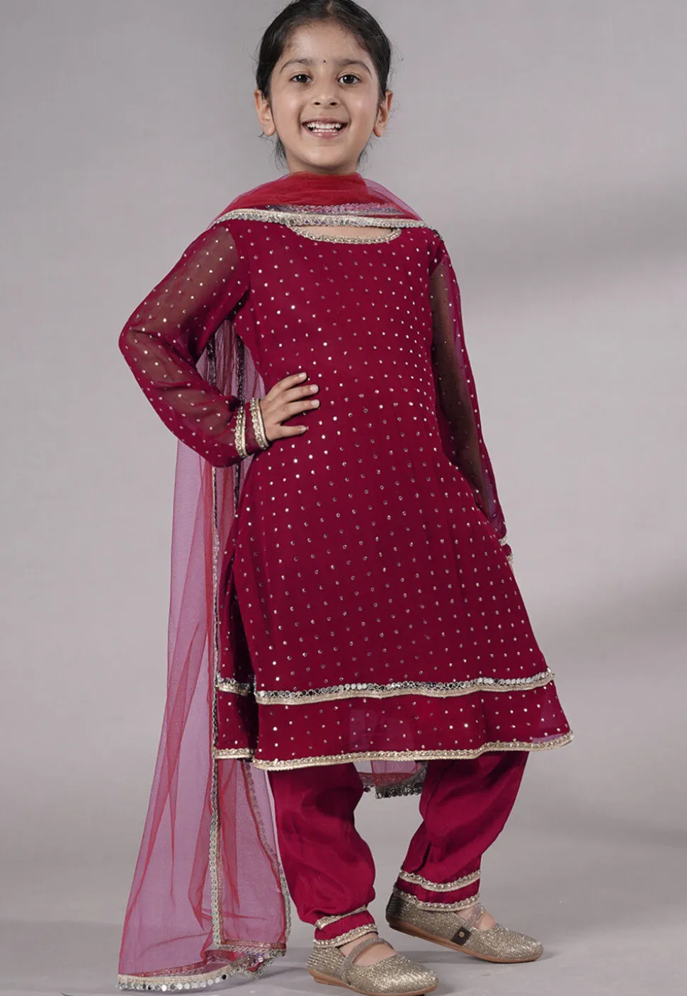Embroidered Georgette A Line Suit in Dark Magenta
