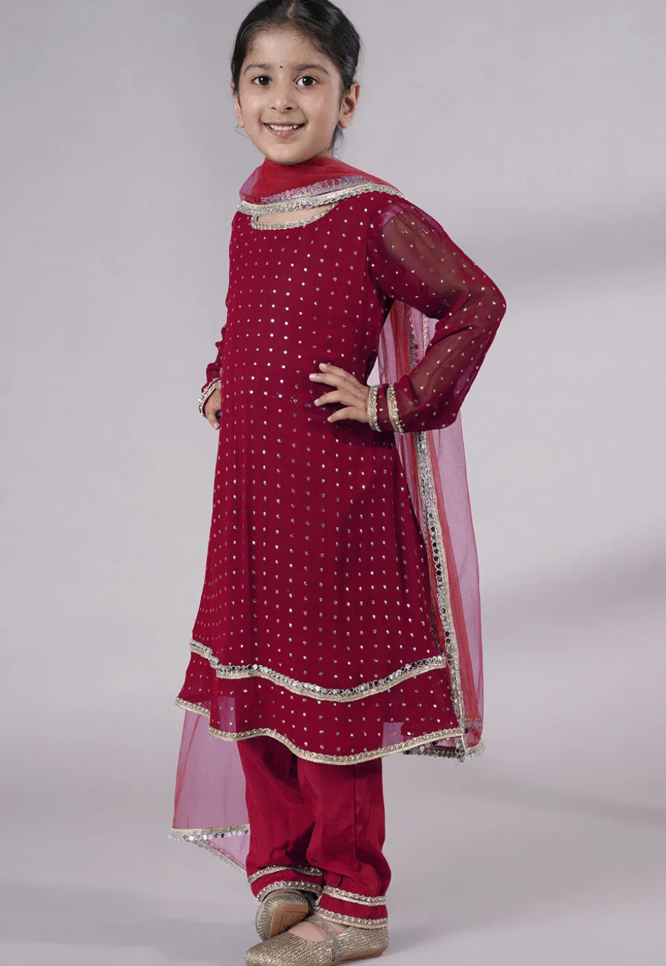 Embroidered Georgette A Line Suit in Dark Magenta