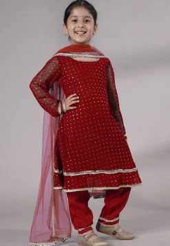 Embroidered Georgette A Line Suit in Maroon