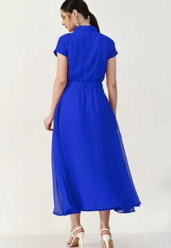 Embroidered Georgette A Line Dress in Royal Blue