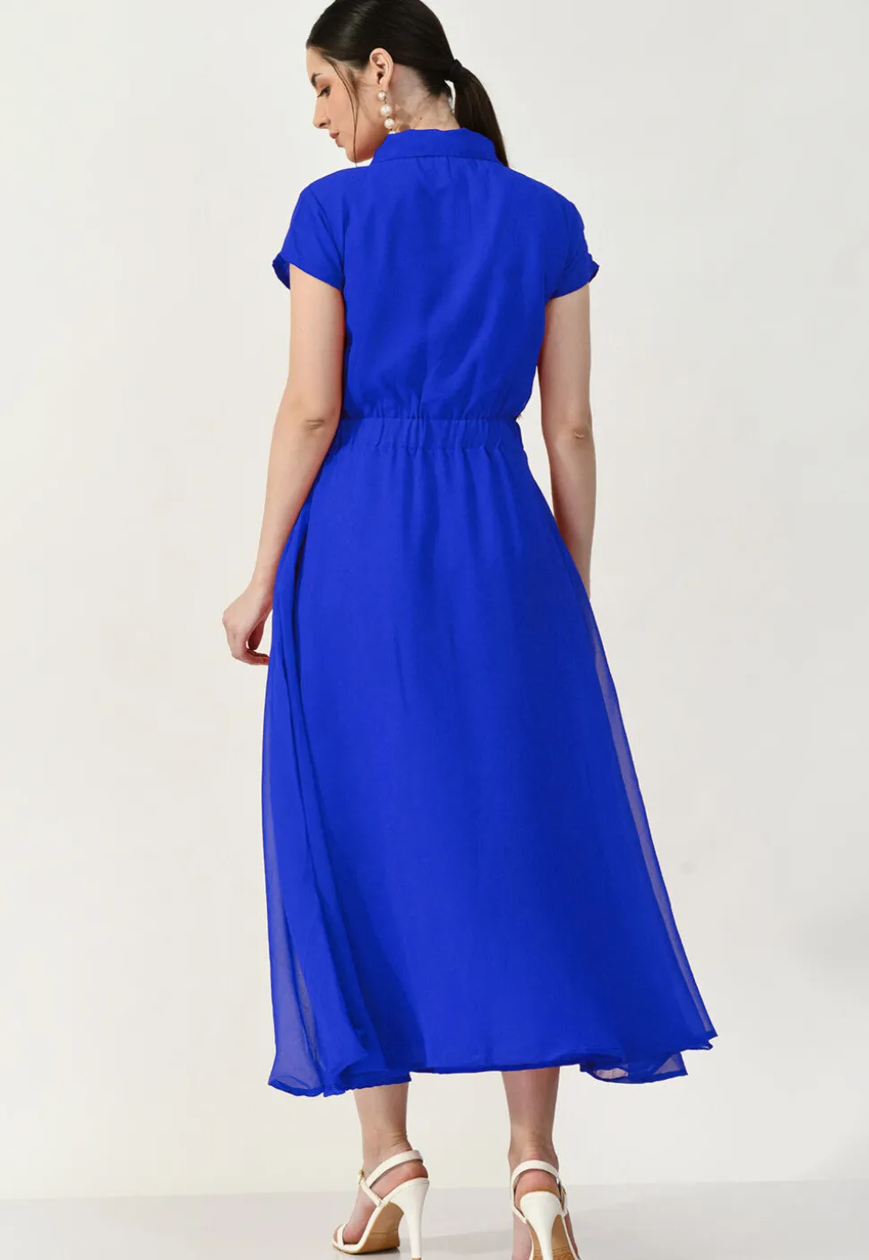 Embroidered Georgette A Line Dress in Royal Blue