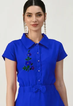 Embroidered Georgette A Line Dress in Royal Blue
