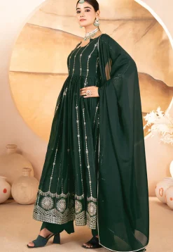 Embroidered Georgette A Line Suit in Dark Green