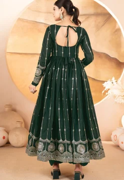 Embroidered Georgette A Line Suit in Dark Green
