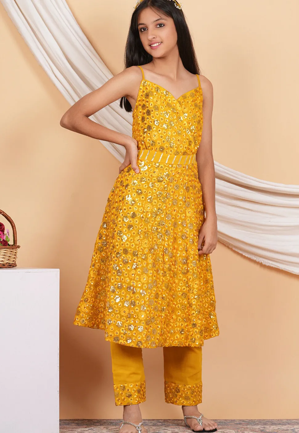 Embroidered Georgette A Line Kurta Set in Mustard