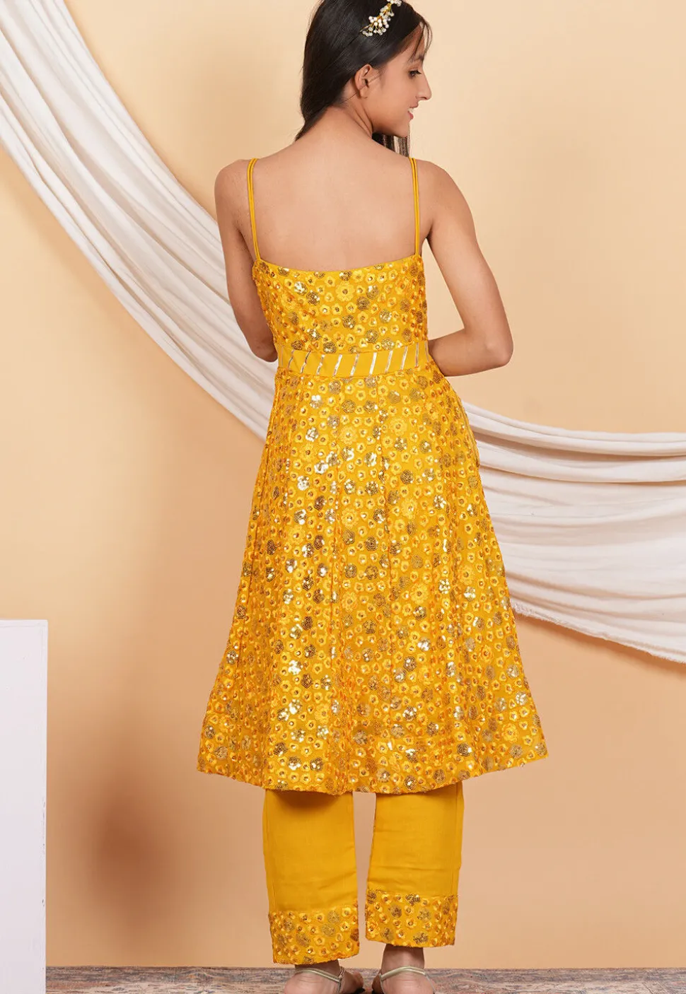 Embroidered Georgette A Line Kurta Set in Mustard