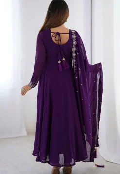 Embroidered Georgette A Line Suit in Purple