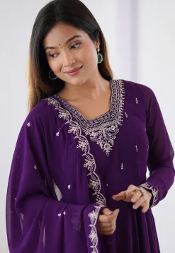 Embroidered Georgette A Line Suit in Purple