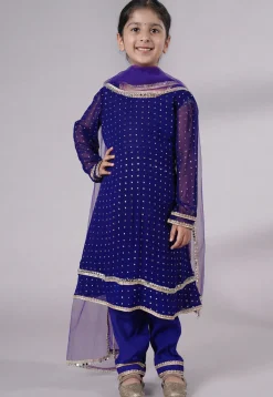Embroidered Georgette A Line Suit in Royal Blue