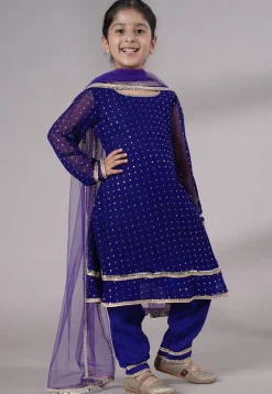 Embroidered Georgette A Line Suit in Royal Blue