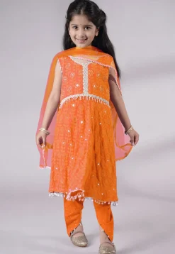 Embroidered Georgette A Line Suit in Orange